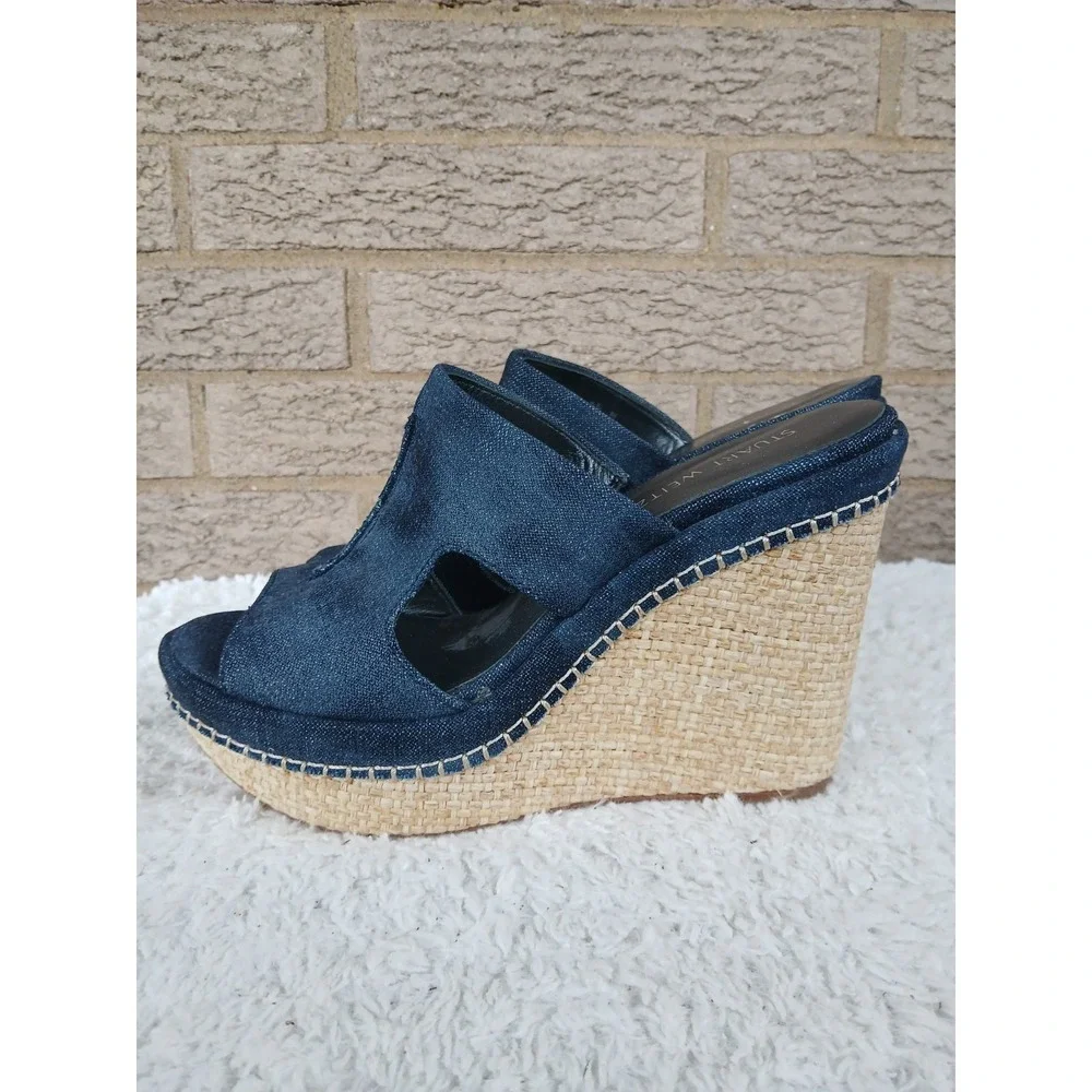 Stuart Weitzman Ponte Navy Antique Denim Wedge Espadrille Sandals Sz  8.5